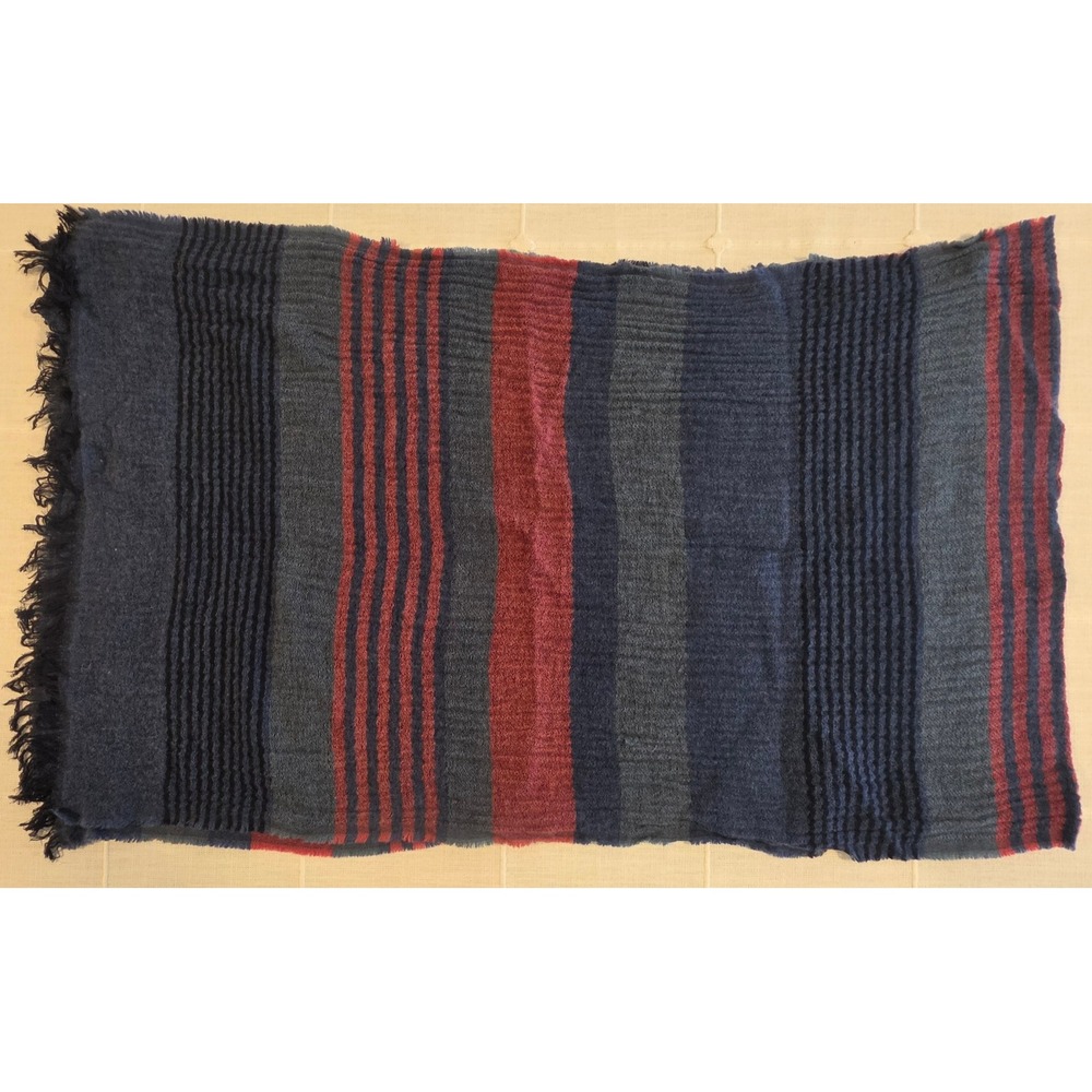 Striped Knit Scarf Navy Blue Burgundy Grey Fringed Winter Wrap Scarf
